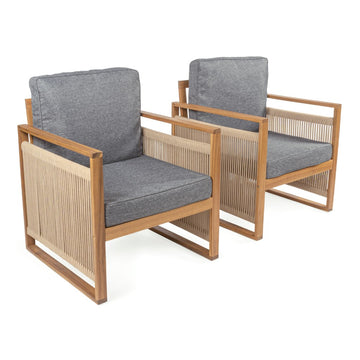 Gable Mid-Century Modern Roped Acacia Wood Outdoor Patio Chair with Cushions - JONATHAN Y
